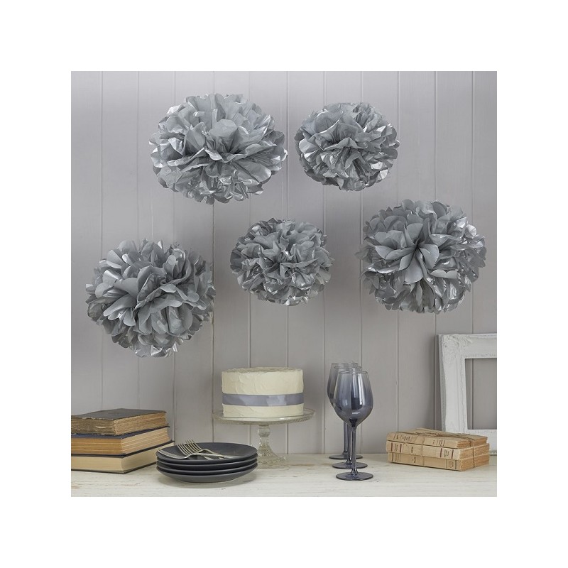 Ginger Ray Silver Pom Poms, 5 Pcs