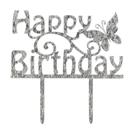 Happy Birthday Acrylic Cake Topper Silver Sparkle Cake Star 84879
