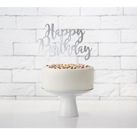 Silver Happy Birthday Cake Decorating Topper