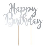 PartyDeco Silver Happy Birthday Cake Topper