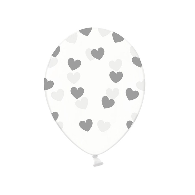 PartyDeco Crystal Clear Balloons Hearts Silver, 6 pcs