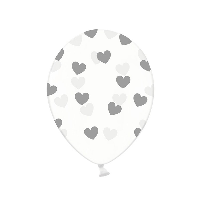 PartyDeco Luftballons transparent mit Silber Herzen, 6 Stück