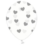 PartyDeco Luftballons transparent mit Silber Herzen, 6 Stück