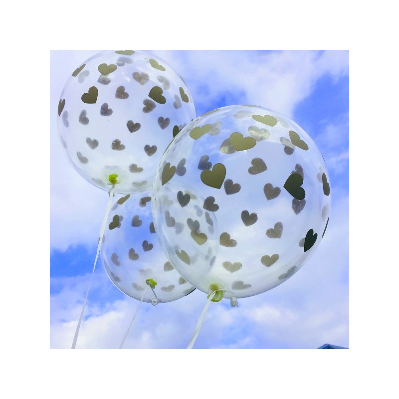 PartyDeco Luftballons transparent mit Goldenen Herzen, 6 Stück