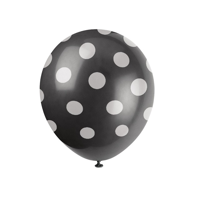 Unique Party Luftballon Schwarz mit Weissen Punkten, 6 Stück
