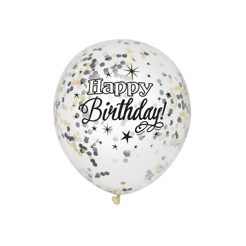 Unique Party Happy Birthday Luftballons transparent mit Konfetti, 6 Stück