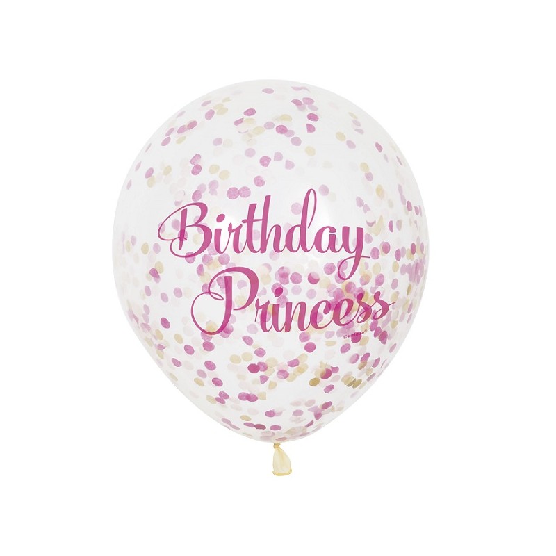 Unique Party Birthday Princess Clear Balloons with Pink Confettis, 6 pcs