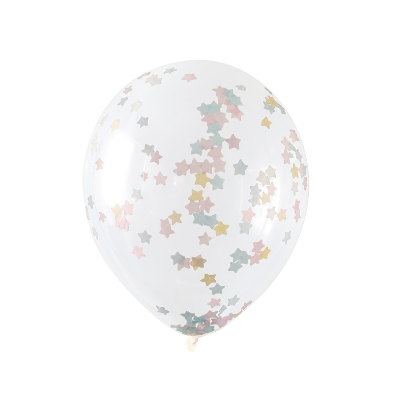 Unique Party Clear Balloon with Pastel Star Confetti, 5 pcs