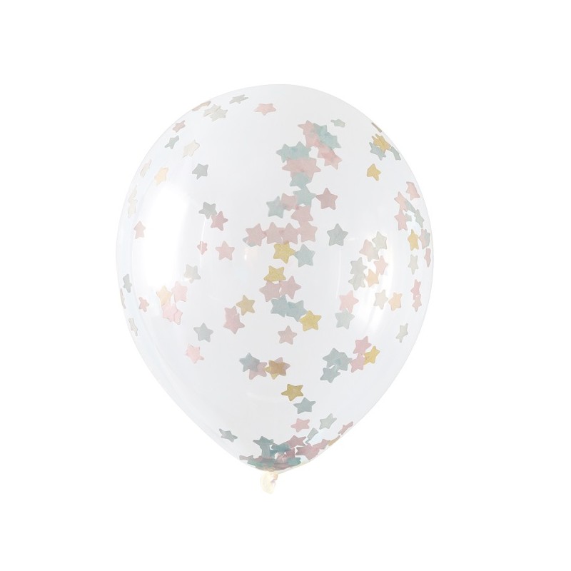 Unique Party Luftballons transparent mit Konfetti Sternchen Pastell, 5 Stück