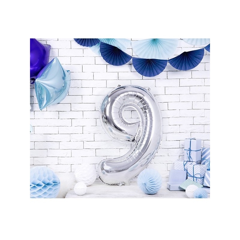 PartyDeco 80cm Number 9 Balloon SilverSilver