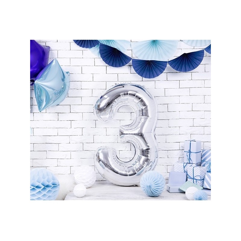 PartyDeco 80cm Number 3 Balloon Silver