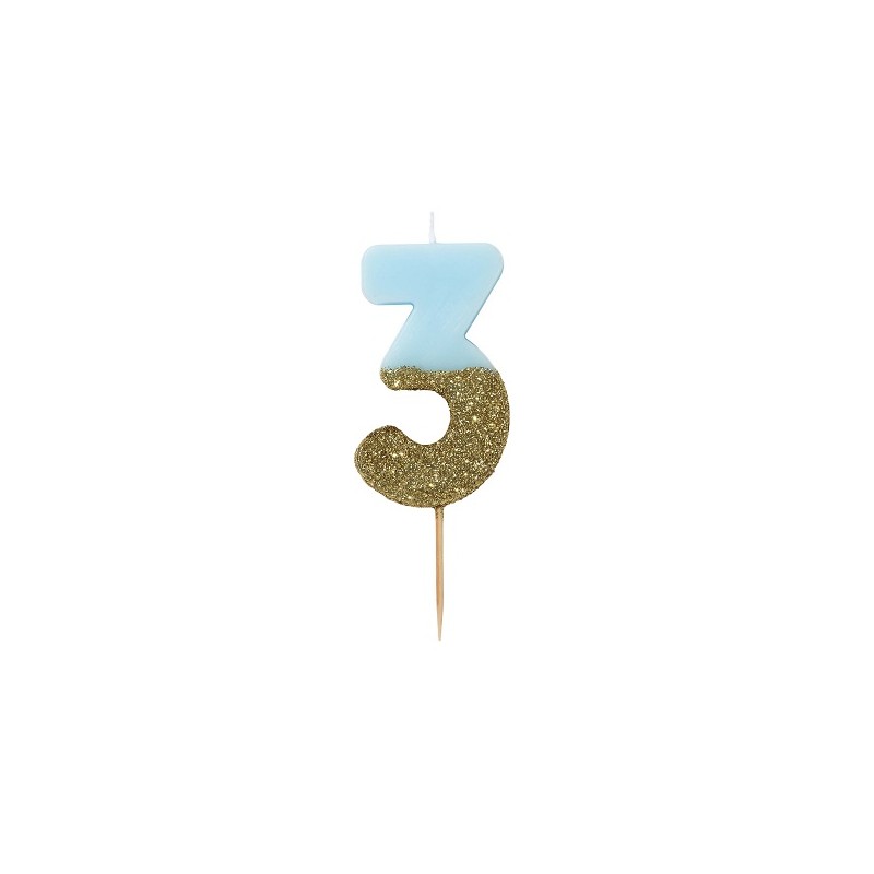 Talking Tables Number 3 Birthday Candle Blue Glamour, 7.5cm