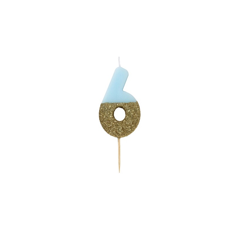 Talking Tables Number 6 Birthday Candle Blue Glamour, 7.5cm