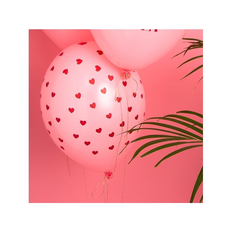 PartyDeco Pink Balloons with Red Hearts, 6 pcs