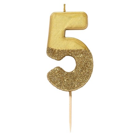 Zahl Geburtstagskerze Fünf Glitter Gold BDAY-CANDLE-GLD-5