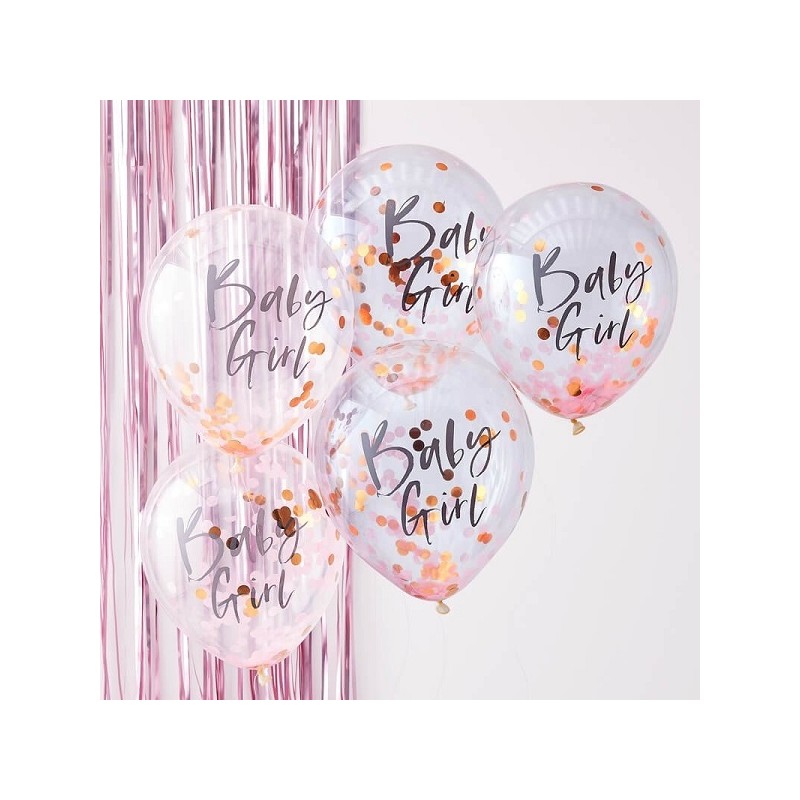 Ginger Ray Baby Girl Confetti Balloons Pink / Rose Gold, 5 pcs