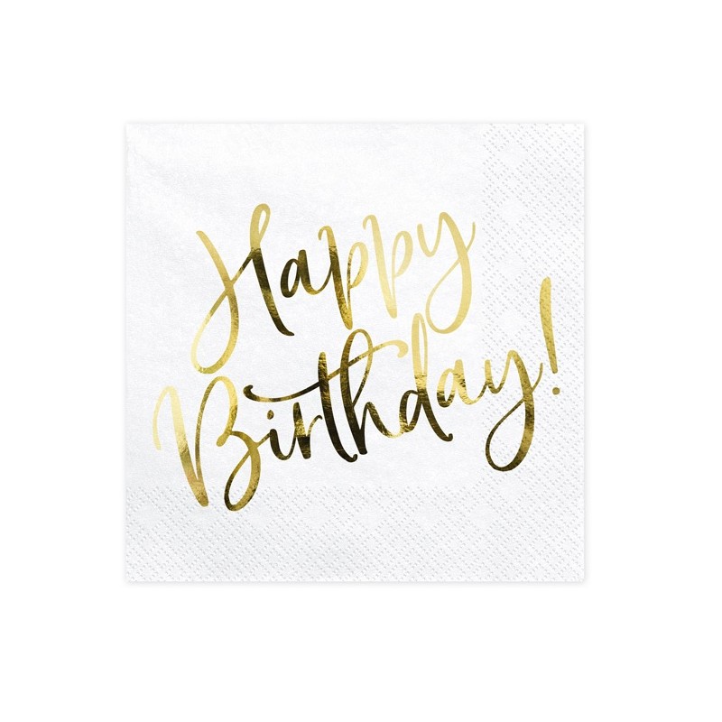 PartyDeco Gold Happy Birthday Napkins, 20 pcs