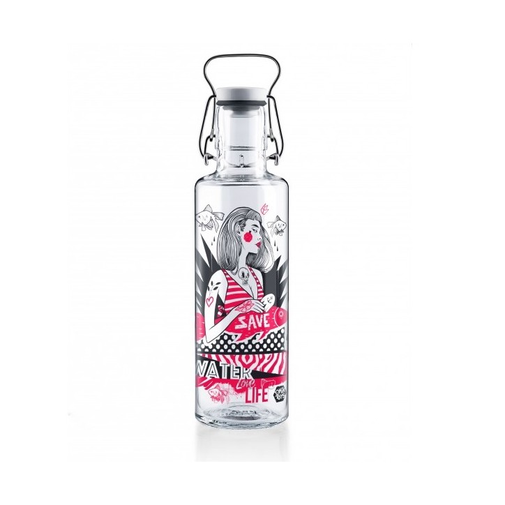 Soulbottle “Save water, love life” 600ml – Eco-Friendly Glass Water Bottle with Street Art