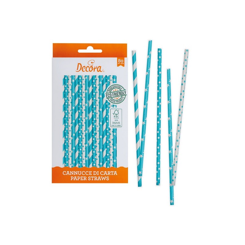 Decora Paper Straws Blue & White, 80 pcs