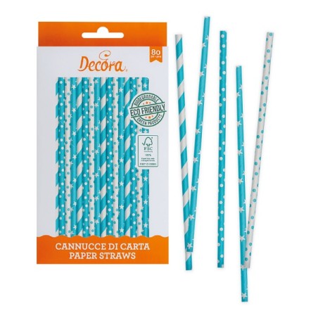 80 Paper Straws Blue & White Decora 0350108