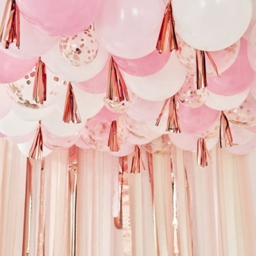 Blush, White And Rose Gold 160 Ceiling Balloons With Tassels Show Stopper