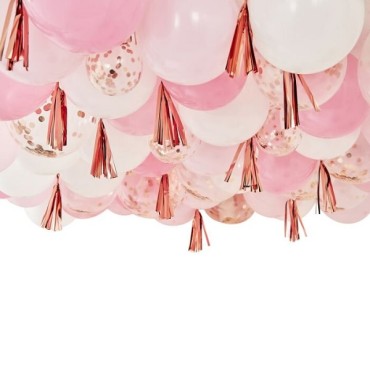 Blush, White And Rose Gold 160 Ceiling Balloons With Tassels Show Stopper