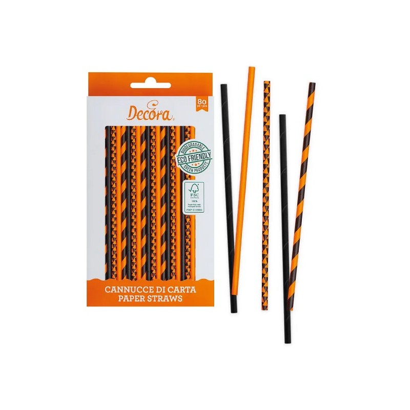 Decora Paper Straws Black & Orange, 80 pcs