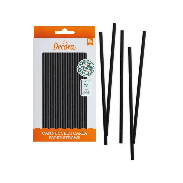 Decora Black Paper Straws, 80 Pieces | 21cm