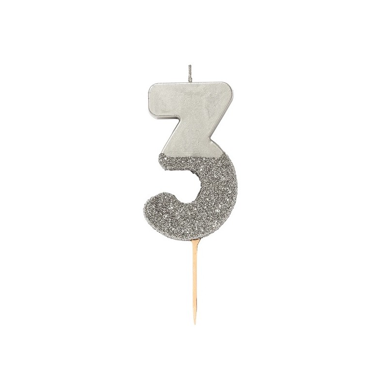 Talking Tables Number 3 Birthday Candle Silver Glamour, 7.5cm