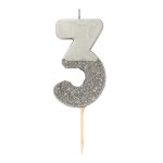 Talking Tables Number 3 Birthday Candle Silver Glamour, 7.5cm