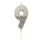 Talking Tables Number 9 Birthday Candle Silver Glamour, 7.5cm