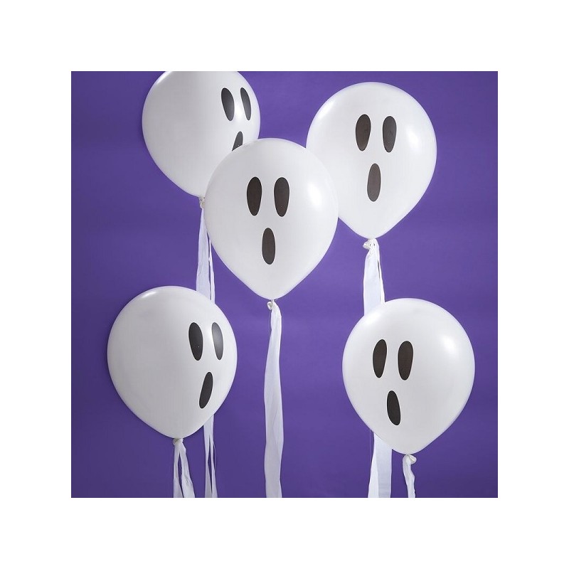 Ginger Ray Halloween Ghost Balloons with Streamers, 5 pcs