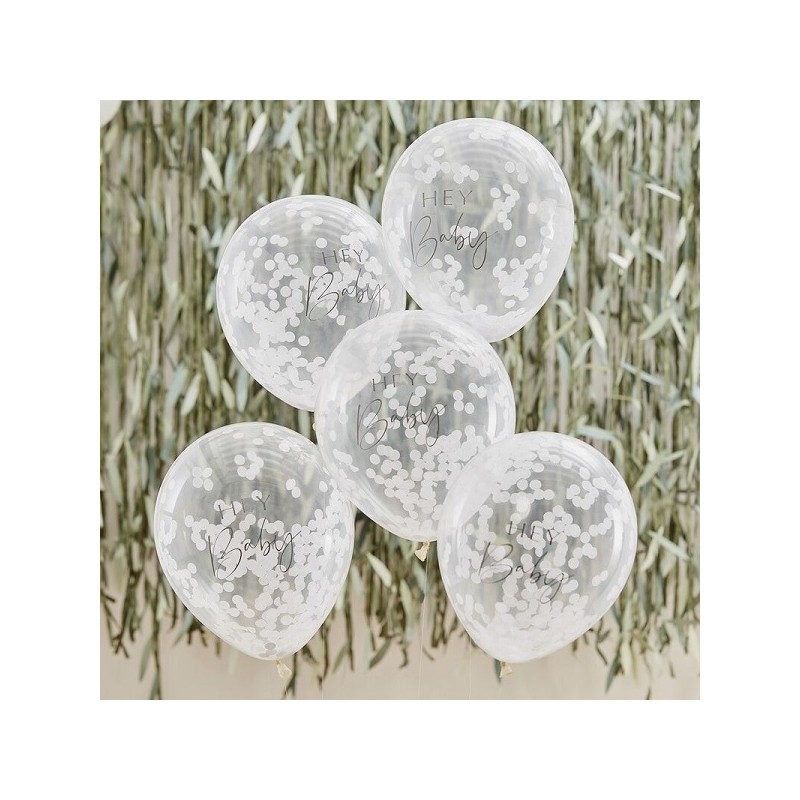 Ginger Ray Hey Baby Confetti Balloons White, 5 pcs