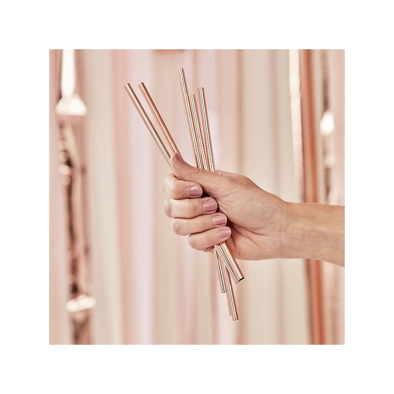 Ginger Ray 5 Metallic Rose Gold Stainless Steel Straws with cleaning brush