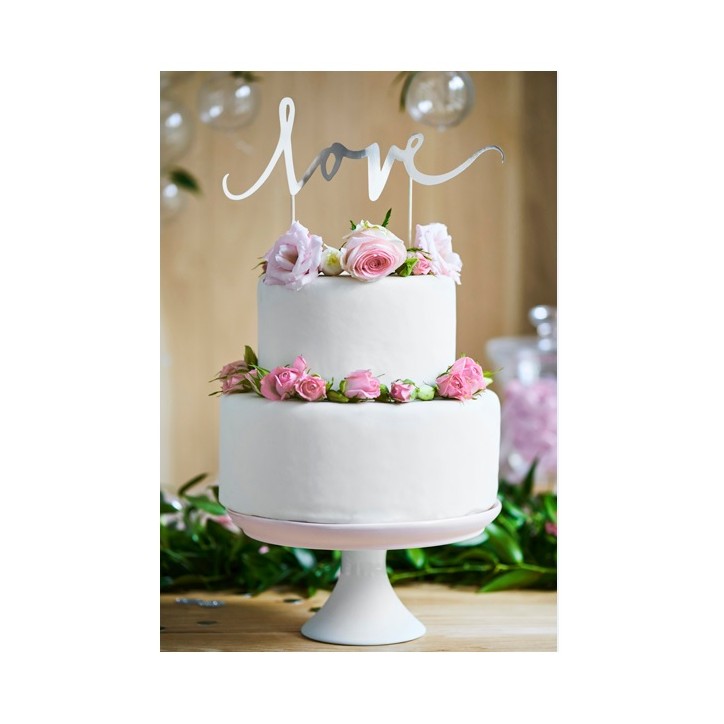 PartyDeco Love Cake Topper Silver 7x23cm