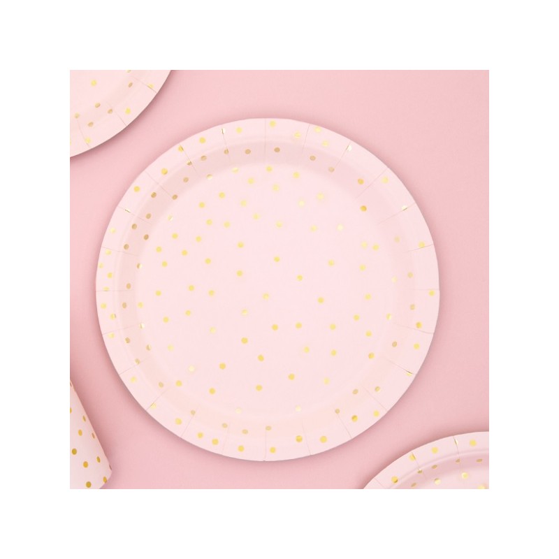 PartyDeco Light Pink Cake Plates with Gold Polka Dots, 6 pcs