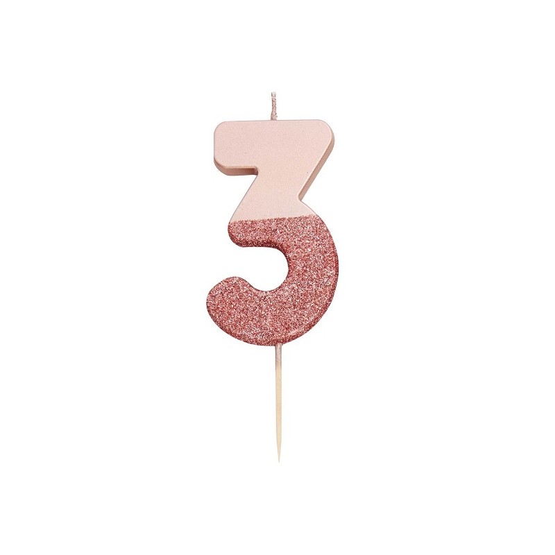 Talking Tables Number 3 Birthday Candle Rose Gold Glamour, 7.5cm