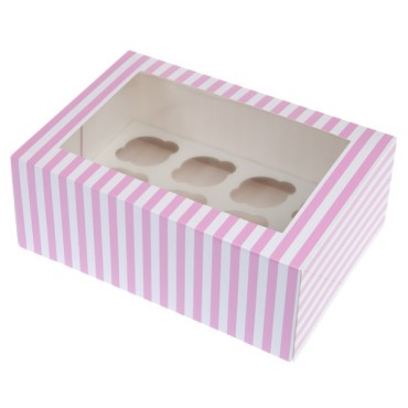 12 Mini Cupcake Schachteln Pink gestreift, 2er Pack