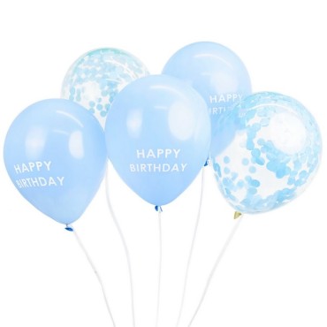 5 Assortiert Blaue Mix Ballons mit Happy Birhday und Konfetti