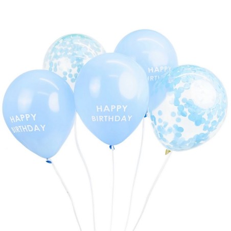 5 Assorted Blue Mix Balloons with Happy Birthday and Confetti