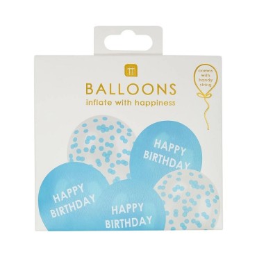 5 Assorted Blue Mix Balloons with Happy Birthday and Confetti