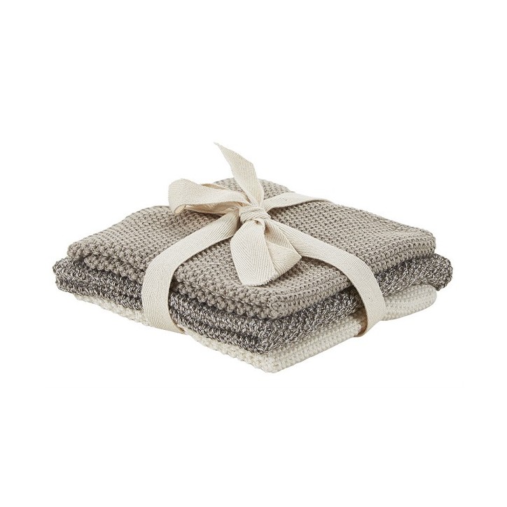 BAHNE Knitted Cotton Dish Cloths Beige Mix 3 Pieces 30x30cm