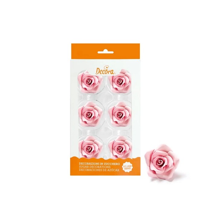 Decora 6 rosa Zuckerrosen 5 cm – Essbare Tortendekoration