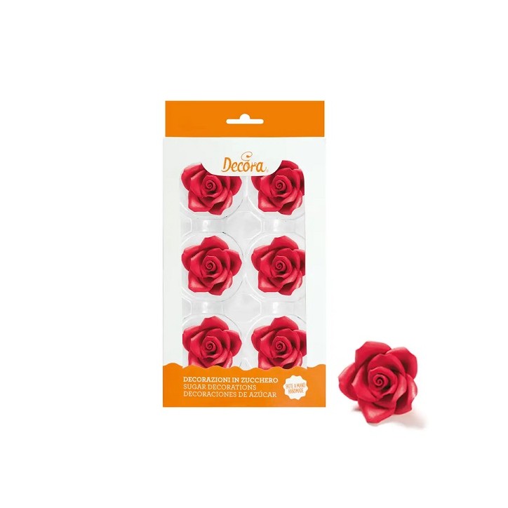 Decora 6 rote Zuckerrosen 5 cm – Essbare Tortendekoration