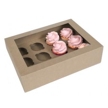 House of Marie ECO- Line 12 cupcakebox KRAFT paper with window incl inlays Box: FSC, recycled, Compostable