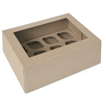 House of Marie ECO- Line 12 cupcakebox KRAFT paper with window incl inlays Box: FSC, recycled, Compostable