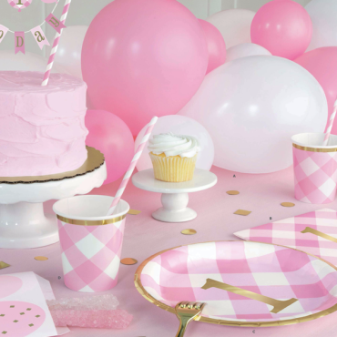 Unique Party Pink-White Balloon Table Runner with Golden Foil Confetti 91cm UP-74920