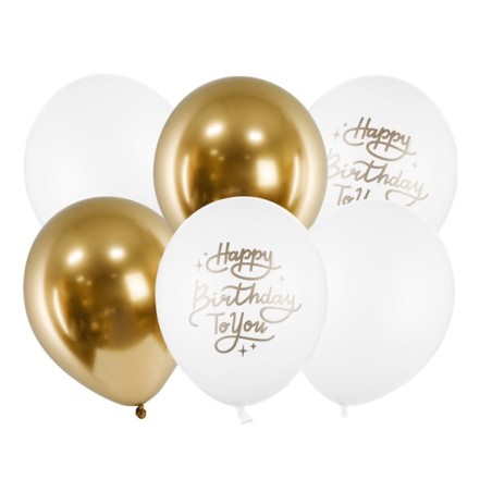 Balloon Bouquet Happy Birthday Gold/White 6 pcs - 5900779180055