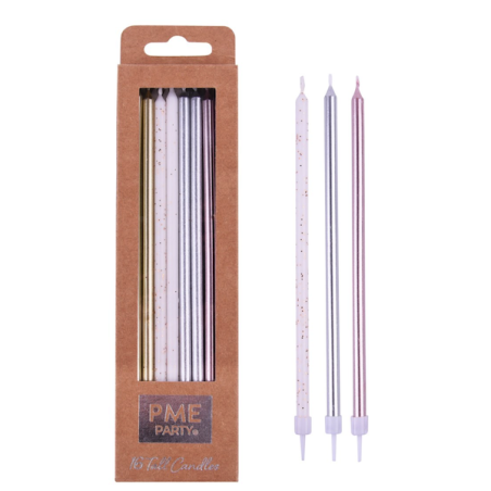 PME Lange Geburtstagskerzen Metallic Mix 18cm 16 Stück