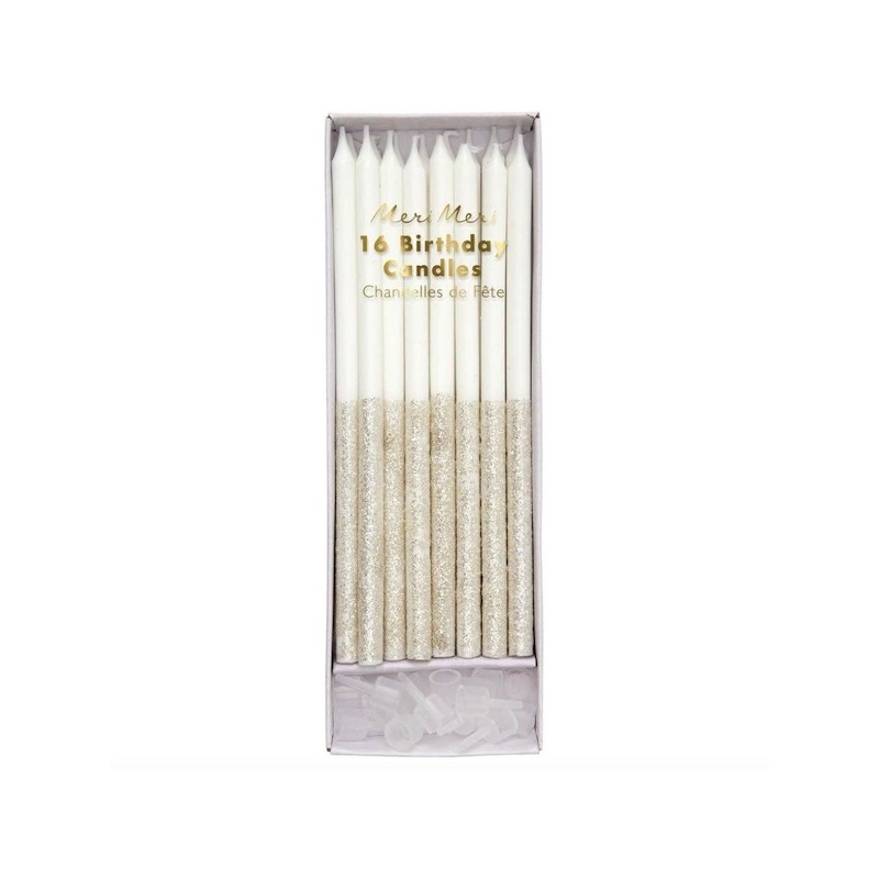 Meri Meri Long Candles Silver Glitter Dipped, 16 Pcs